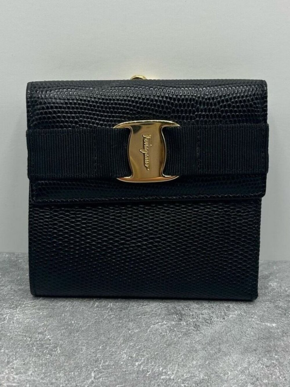 Salvatore Ferragamo Vara Bow Black Trifold Compact Wallet Clasp Leather